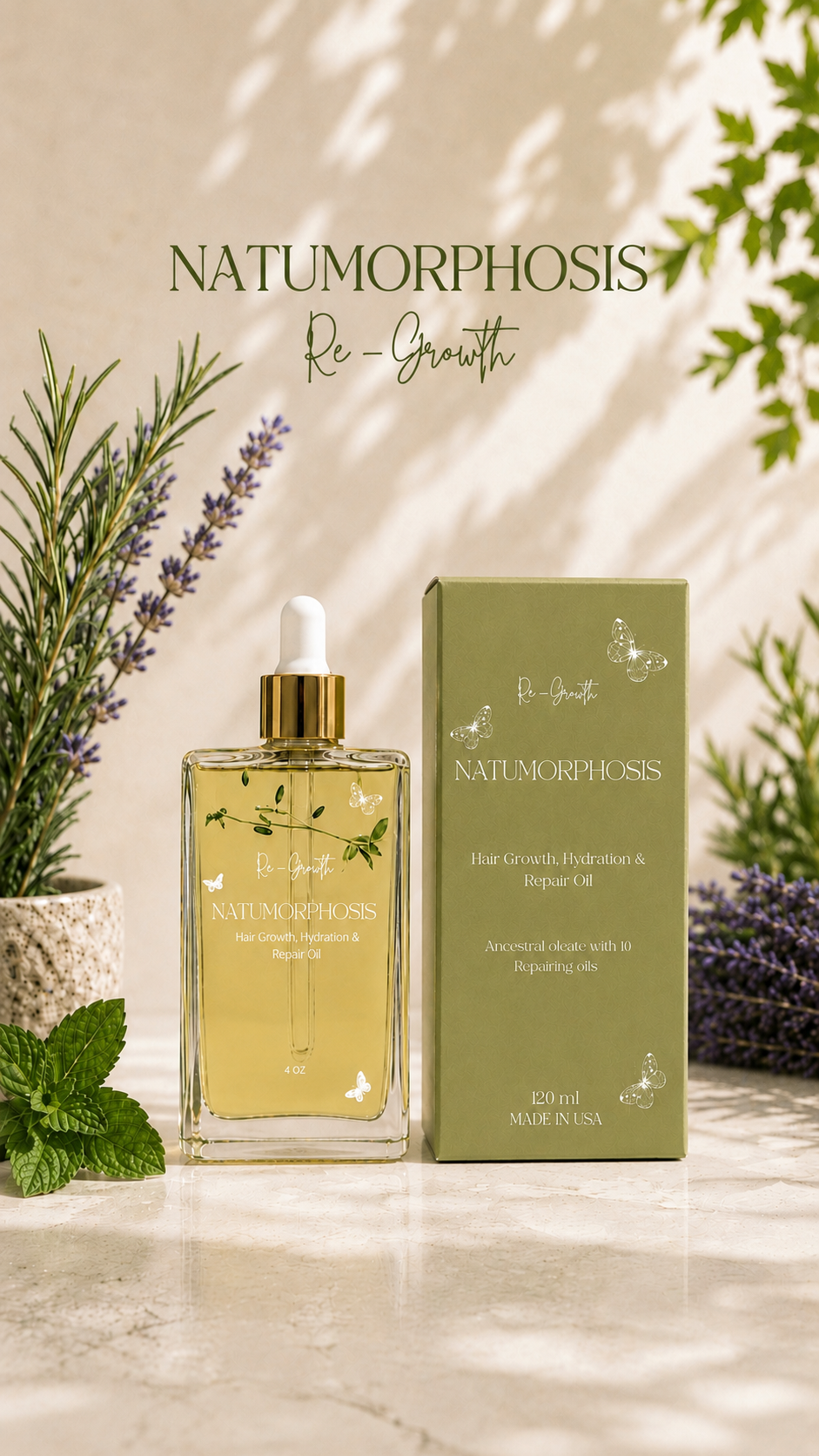 Re-Growth – Aceite Capilar ancestral, elaborado con 30 Hierbas naturales y ayurvedicas y 10 Aceites vegetales nutritivos,  incentiva y fortalece de una forma botanica - 120 ml